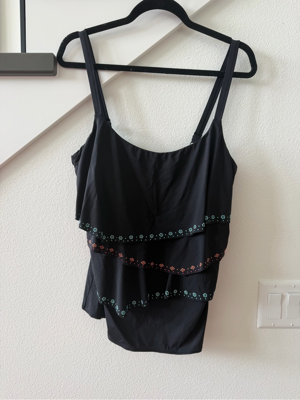 Coco Reef Black Layered Tankini Top with Teal and Coral Accents